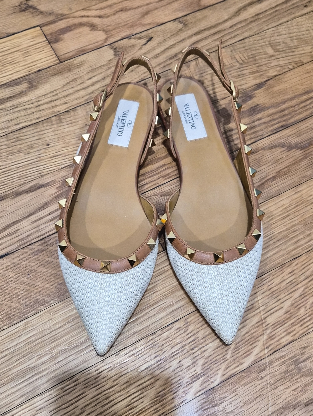 Valentino Garavani Rockstud Raffia Slingback Flats Nude Tan Leather NIB Sz 36 - Picture 5 of 16